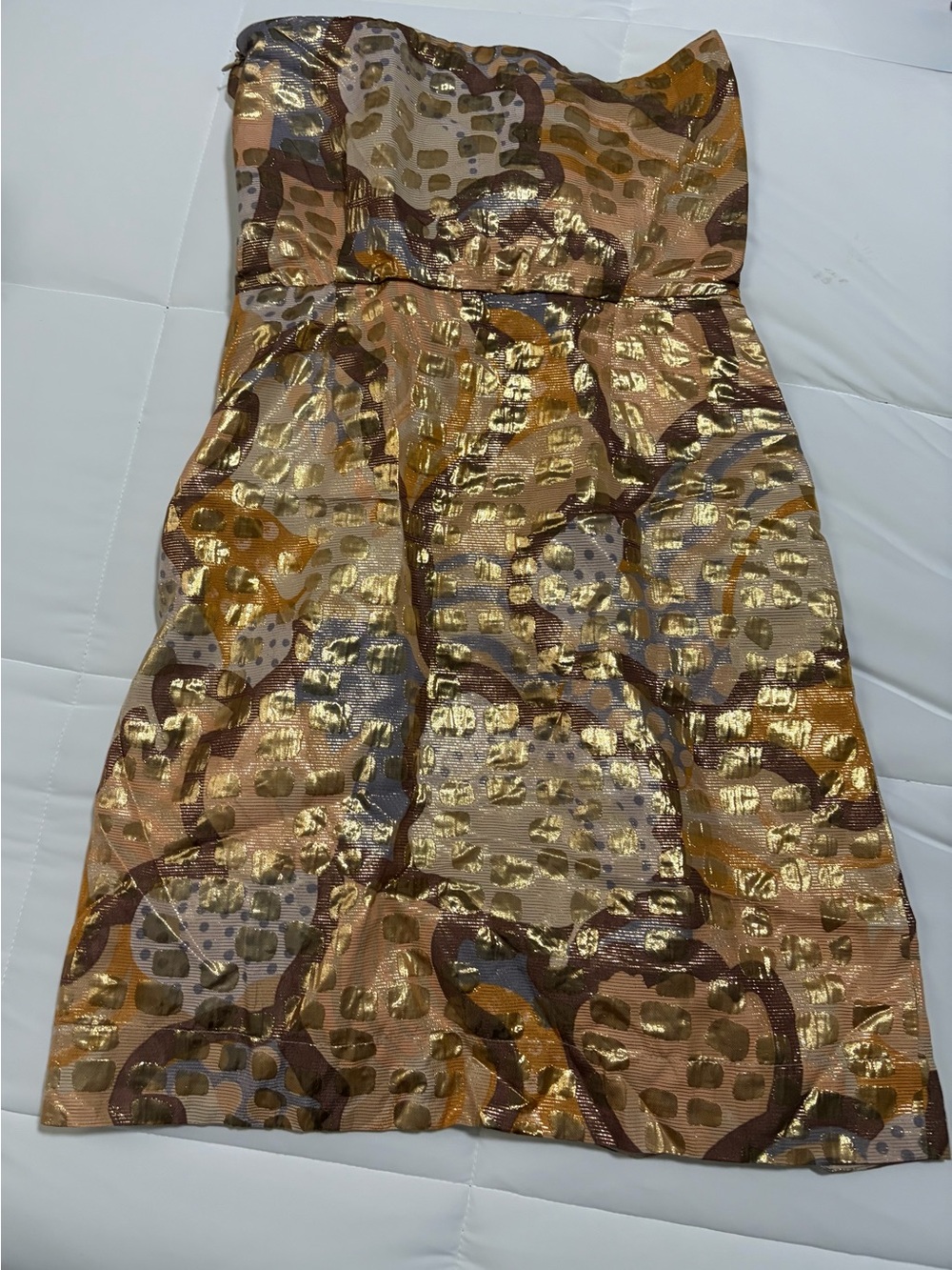 See By Chloé Strapless Metallic Patterned Dress in Gold and Brown
